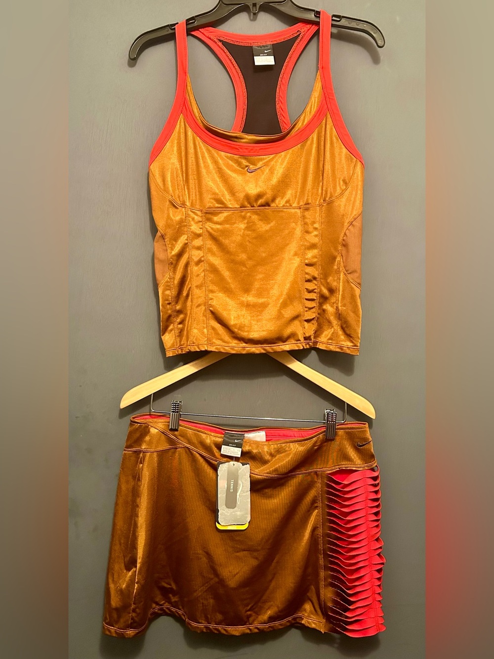 NIKE SERENA WILLIAMS BRONZE RED 2pc TANK SKIRT TENNIS DRESS faux design LARGE